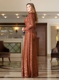 Copper color - Fully Lined - Crew neck - Modest Evening Dress