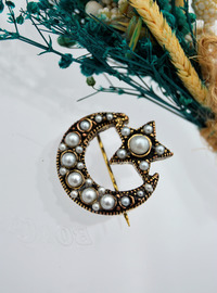 Broche Lune Étoile Perles - Bronze