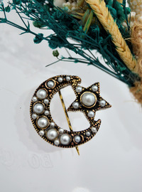 Broche Lune Étoile Perles - Bronze
