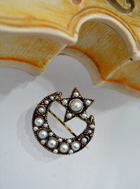 Broche Lune Étoile Perles - Bronze
