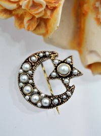 Broche Lune Étoile Perles - Bronze