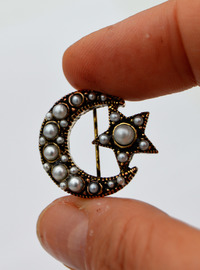 Broche Lune Étoile Perles - Bronze