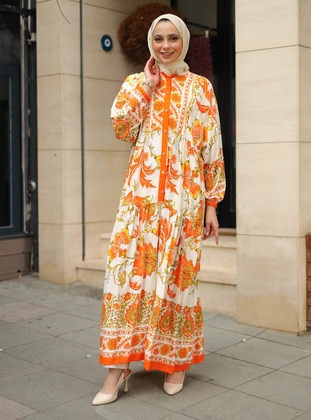 Orange - Floral - Unlined - Modest Dress - ZENANE