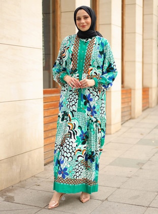 Green - Floral - Unlined - Modest Dress - ZENANE