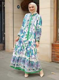 Green - Floral - Unlined - Modest Dress