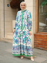 Green - Floral - Unlined - Modest Dress