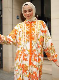 Orange - Floral - Unlined - Modest Dress