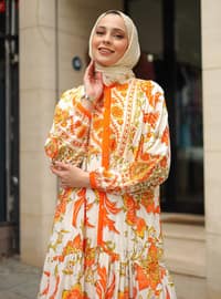 Orange - Floral - Unlined - Modest Dress