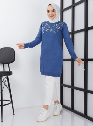 Blue - Knit Tunics - SAHRA BUTİK