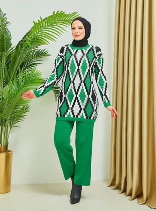 Green - Unlined - Zero collar - Knit Suits - SAHRA BUTİK