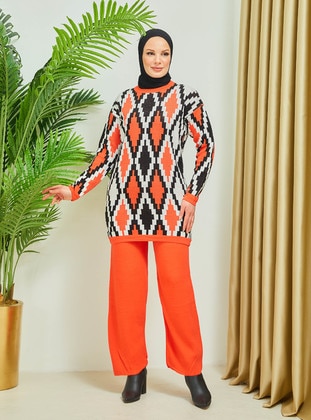 Orange - Unlined - Zero collar - Knit Suits - SAHRA BUTİK