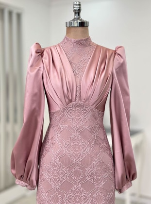 Powder Pink - Floral - Fully Lined - Crew neck - Modest Evening Dress - Rana Zenn
