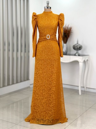 Mustard - Shawl - Fully Lined - Crew neck - Modest Evening Dress - Rana Zenn