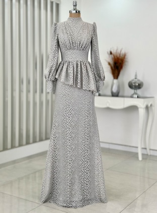Grey - Fully Lined - Crew neck - Modest Evening Dress - Rana Zenn