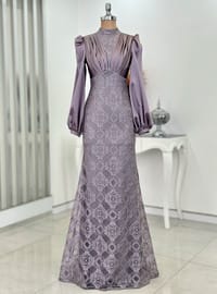 Lilac - Floral - Fully Lined - Crew neck - Modest Evening Dress
