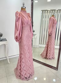 Powder Pink - Floral - Fully Lined - Crew neck - Modest Evening Dress