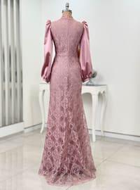 Powder Pink - Floral - Fully Lined - Crew neck - Modest Evening Dress