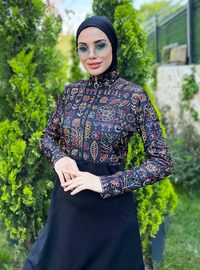Floral Gemustert Halb Reißverschluss Sport Voll Bedeckt Modest Badeanzug Schwarz Remsa