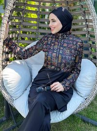 Floral Gemustert Halb Reißverschluss Sport Voll Bedeckt Modest Badeanzug Schwarz Remsa
