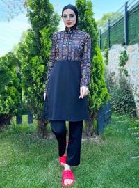 Floral Gemustert Halb Reißverschluss Sport Voll Bedeckt Modest Badeanzug Schwarz Remsa