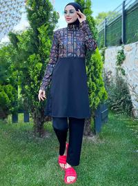 Floral Gemustert Halb Reißverschluss Sport Voll Bedeckt Modest Badeanzug Schwarz Remsa
