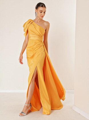 Fully Lined - Yellow - Evening Dresses - By Saygı