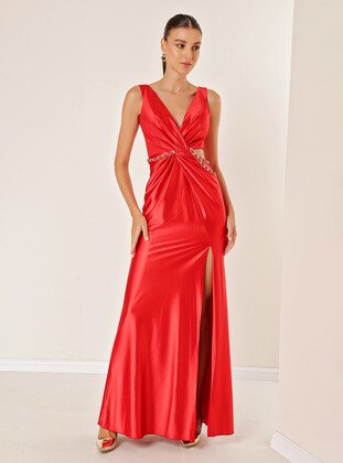 Fully Lined - Red - Double-Breasted - Evening Dresses - By Saygı