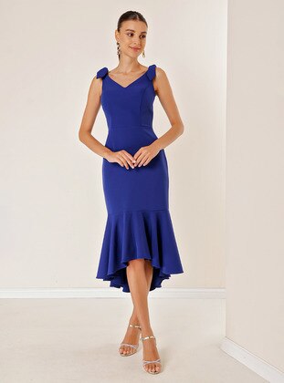 Fully Lined - Saxe Blue - V neck Collar - Evening Dresses - By Saygı