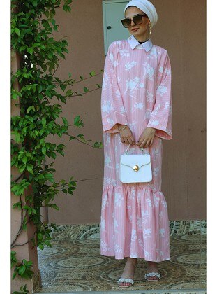 Pink - Floral - Modest Dress - Merve Aydın