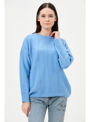 Blue - Knit Sweaters - Nefise