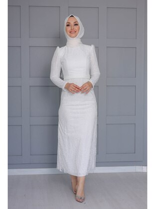 White - Modest Evening Dress - SARETEX