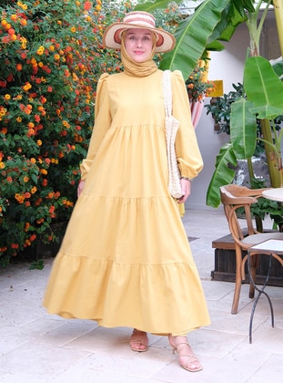 Mustard - Unlined - Modest Dress - Ceylan Otantik
