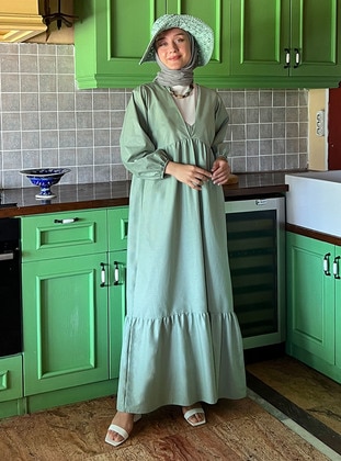 Mint Green - V neck Collar - Unlined - Modest Dress - Ceylan Otantik