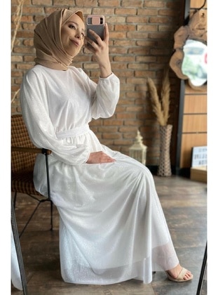 White - Modest Evening Dress - Meqlife