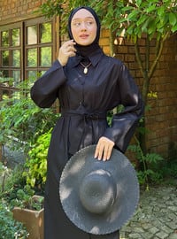 Black - Cuban Collar - Unlined - Modest Dress