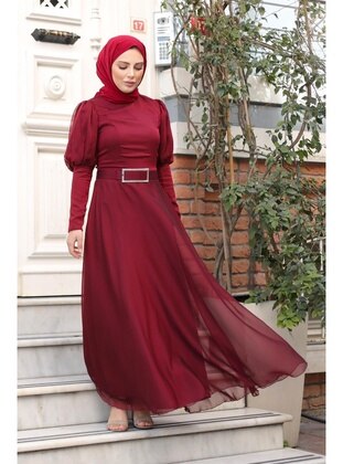 Burgundy - Modest Evening Dress - Meqlife