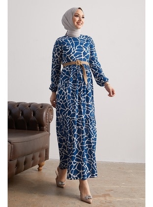 Else Stone Patterned Straw Belt Dress Indigo