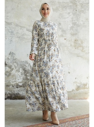 Blue - Floral - Button Collar - Unlined - Modest Dress - InStyle
