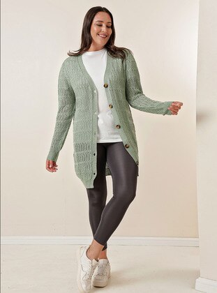 Green - Plus Size Cardigan - By Saygı