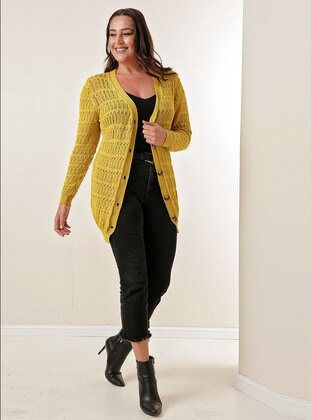 Yellow - Plus Size Cardigan - By Saygı