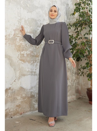 Gray - Polo neck - Unlined - Modest Dress