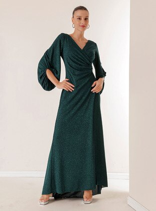 Fully Lined - Silvery - Emerald - Double-Breasted - Evening Dresses - By Saygı