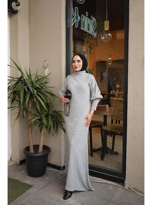 Grey - Polo neck - Modest Dress - Burcu Fashion