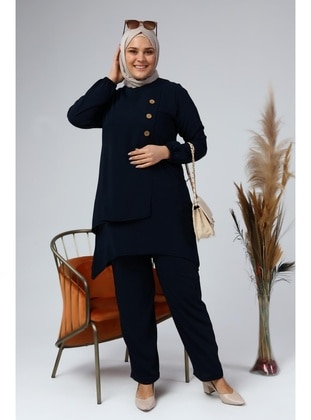 Women's Plus Size Button Down Double Hijab Tunic Suit Navy Blue