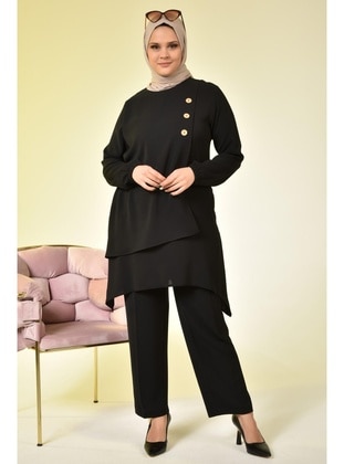 Women's Plus Size Button Down Double Hijab Tunic Set Black