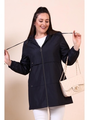 Navy Blue - Fully Lined -  - Plus Size Trench coat - Ferace