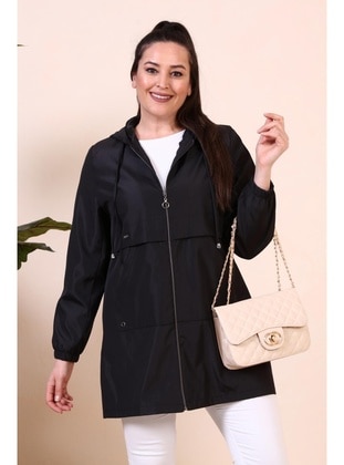 Black - Fully Lined -  - Plus Size Trench coat - Ferace