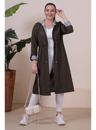 Khaki - Unlined -  - Plus Size Trench coat - Ferace