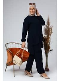 Women's Plus Size Button Down Double Hijab Tunic Suit Navy Blue