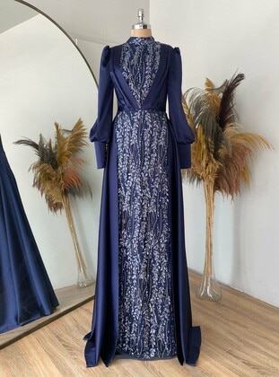 Navy Blue - Modest Evening Dress - Lavienza